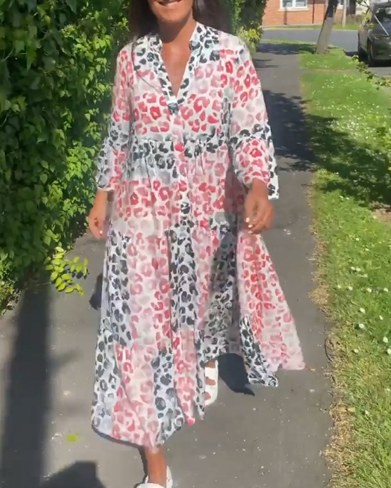 V-Ausschnitt bedrucktes Rüschenshirt Kleid