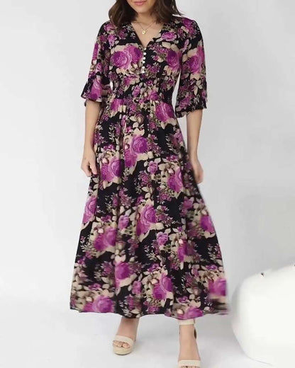 Blumenmuster V-Ausschnitt Maxikleid