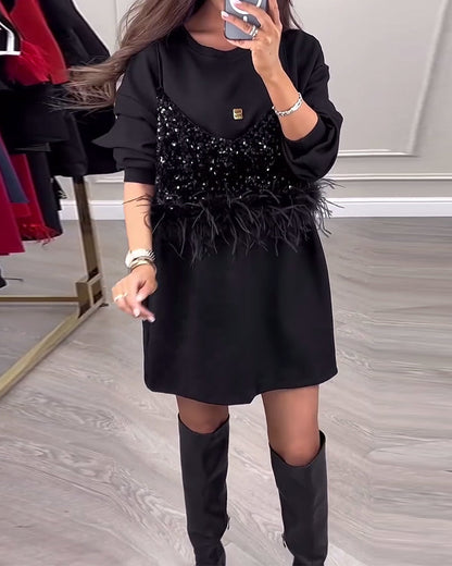 Mode einfarbig Pailletten Feder Patchwork Kleid