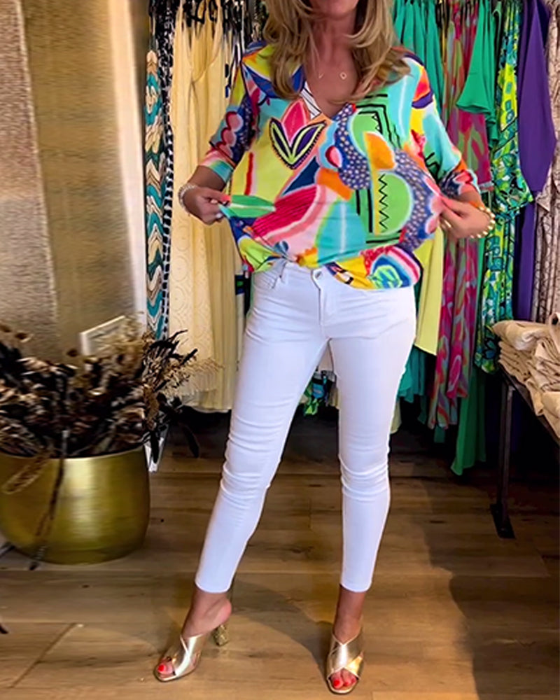 Langärmlige lockere bedruckte Bluse