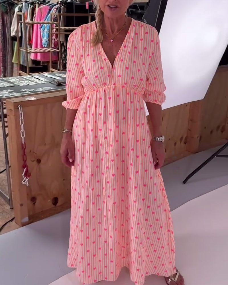 Elegantes V-Ausschnitt Herz Druck Kleid