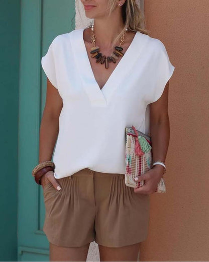 V-Ausschnitt Kurzarm Bluse in einfarbig