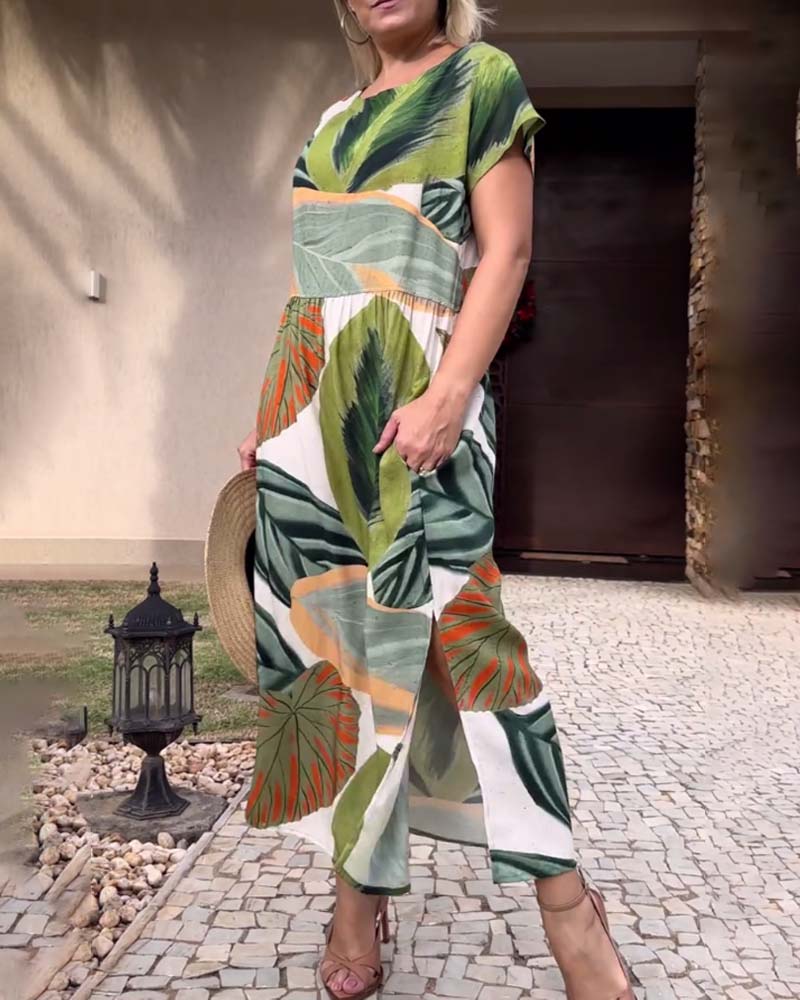 Blätterdruck Kurzarm Schlitzkleid