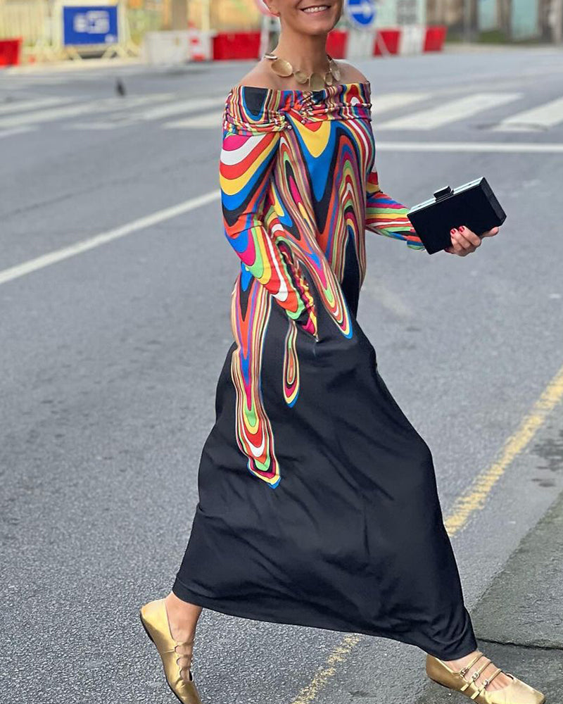 Langärmliges, elegantes Maxikleid mit schulterfreiem Schnitt