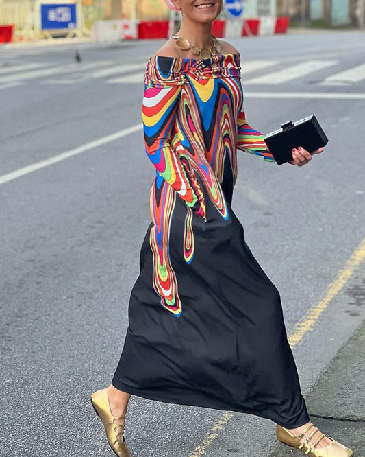 Langärmliges, elegantes Maxikleid mit schulterfreiem Schnitt