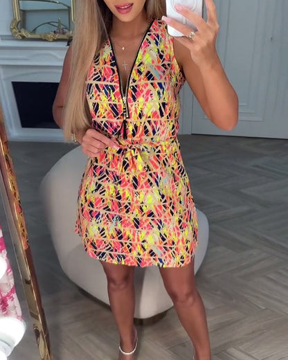 Halb-Zip Ärmelloses Blumenkleid