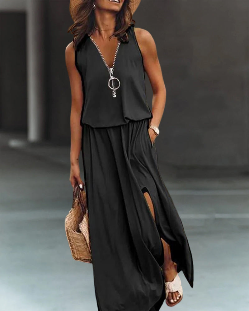 V-Ausschnitt Reißverschluss Kleid