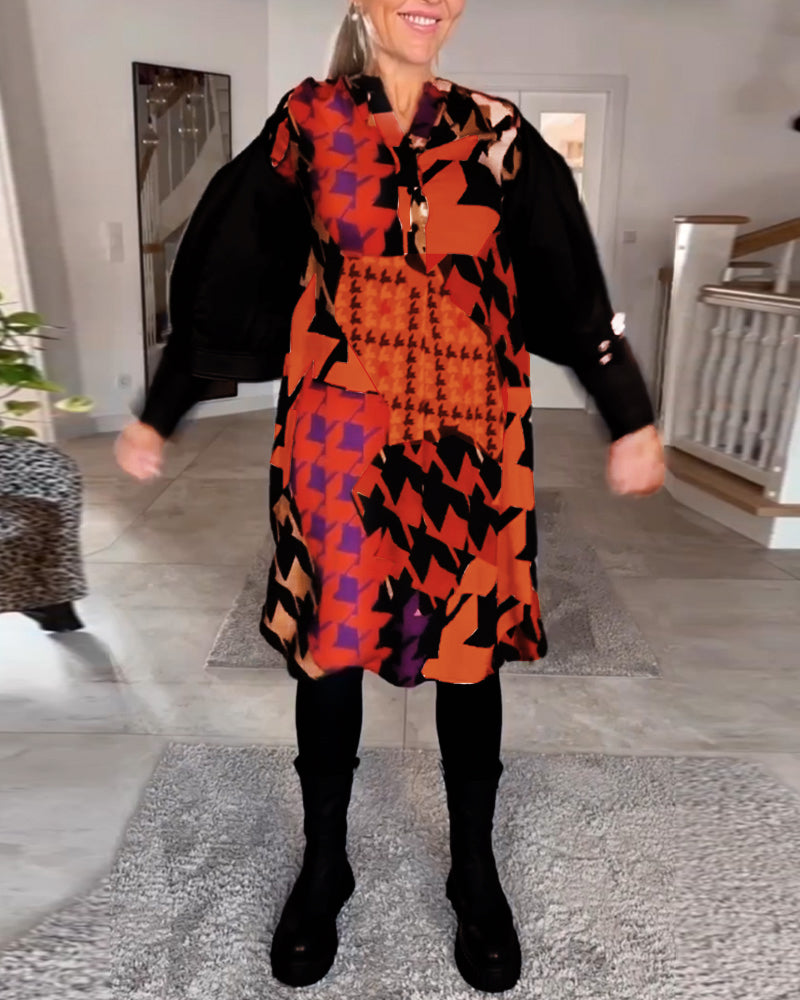 Bedrucktes V-Ausschnitt Langarmkleid