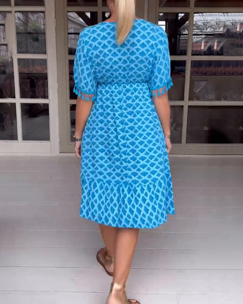 Bedrucktes V-Ausschnitt-Fransen-Kleid