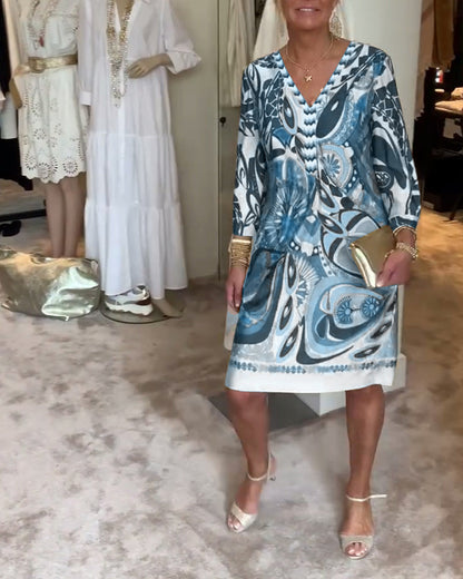 Retro-Druck V-Ausschnitt Freizeitkleid
