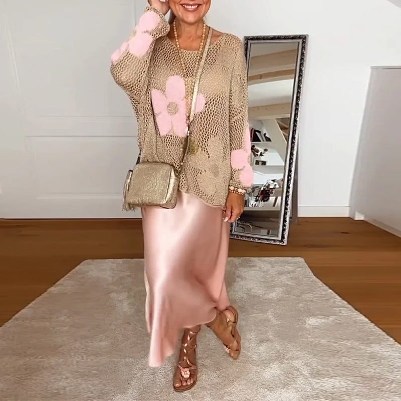 Lässiger floral runder Hals langärmeliger Pullover mit Ausschnitten