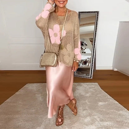 Lässiger floral runder Hals langärmeliger Pullover mit Ausschnitten