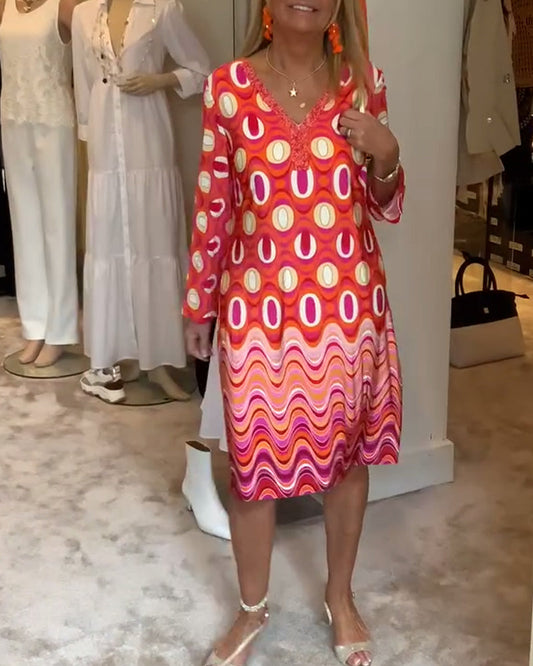 Lässiges, lockeres, bedrucktes V-Ausschnitt-Kleid mit langen Ärmeln
