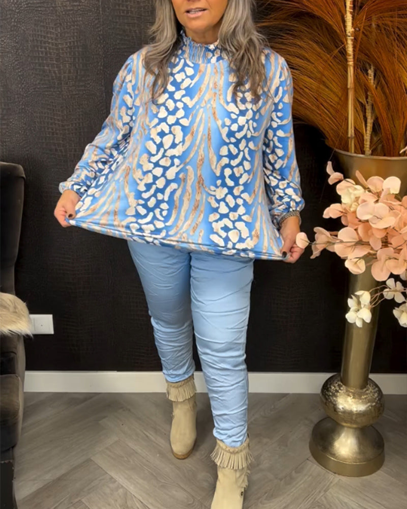 Stehkragen Langarm bedrucktes Oberteil