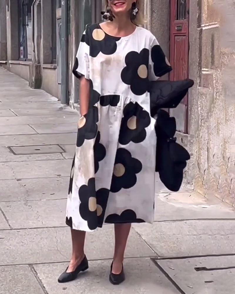 Blumenmuster Crew-Neck Taschen lockeres Kleid