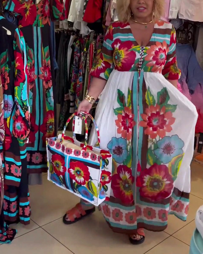 Tiefes V lockeres lässiges Blumenkleid