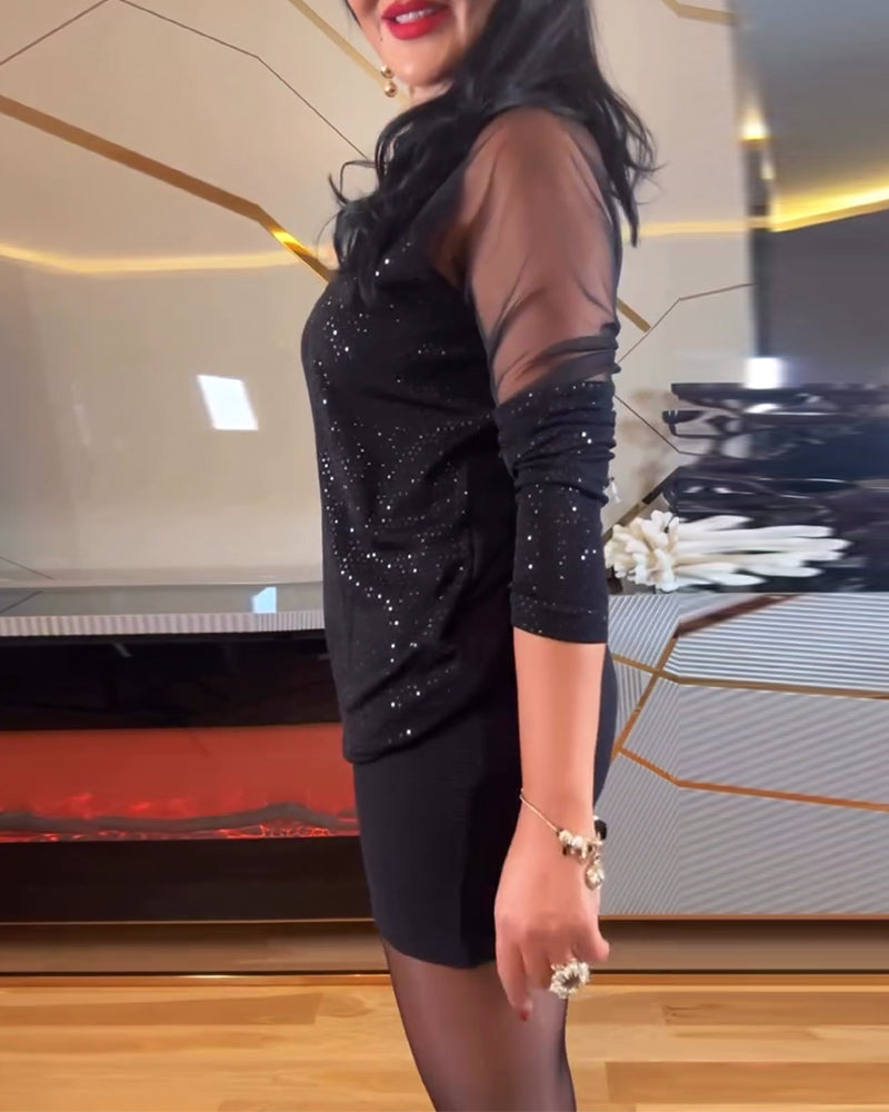 Sexy V-Ausschnitt Mesh und einfarbiger Pailletten-Top