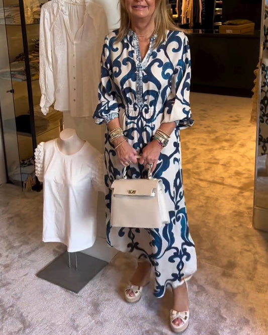 V-Ausschnitt Bedrucktes Lockeres Kleid