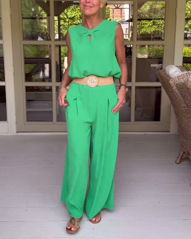 Einfarbiges ärmelloses, hohles Tanktop mit weitem Bein Hosen Set