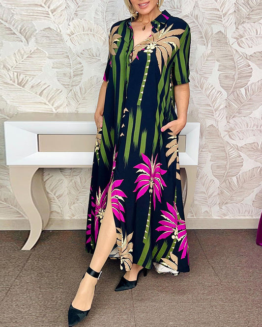 Lässiges Kleid mit Blattdruck, Schlitz, kurzärmlig und locker