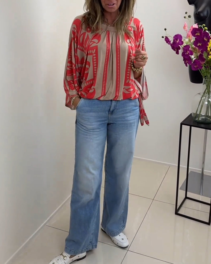 Bedrucktes, lässiges Langarmoberteil mit Rundhalsausschnitt