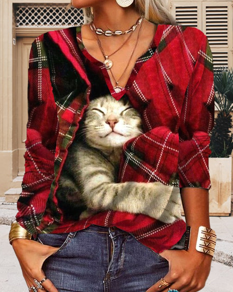 Katze Patchwork Langarmshirt