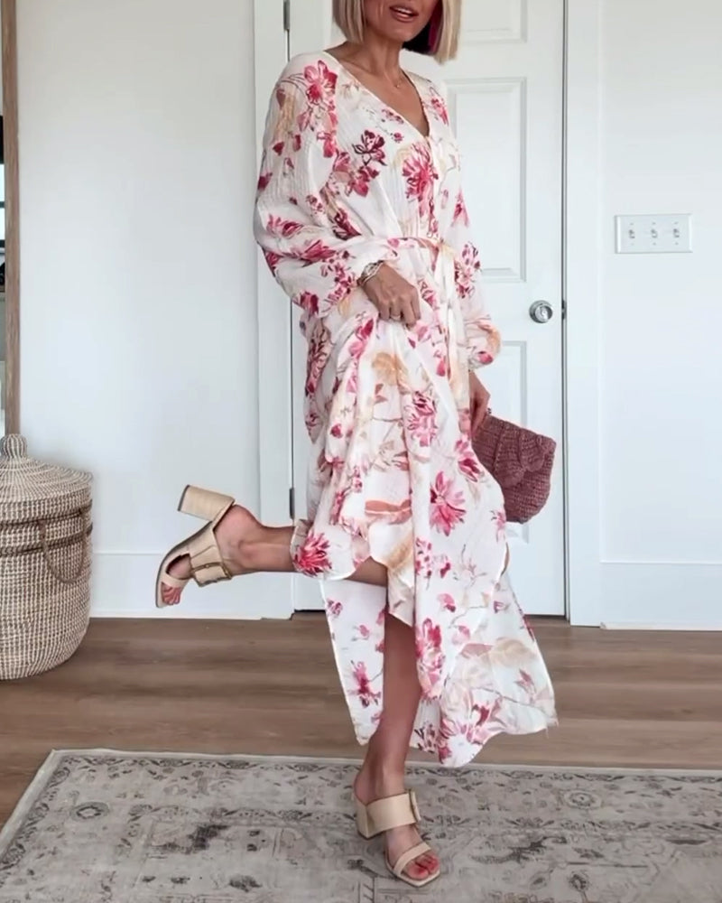 Elegantes Kleid mit floralem Druck, Glockenärmeln und Schnürung