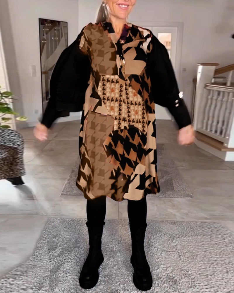 Bedrucktes V-Ausschnitt Langarmkleid