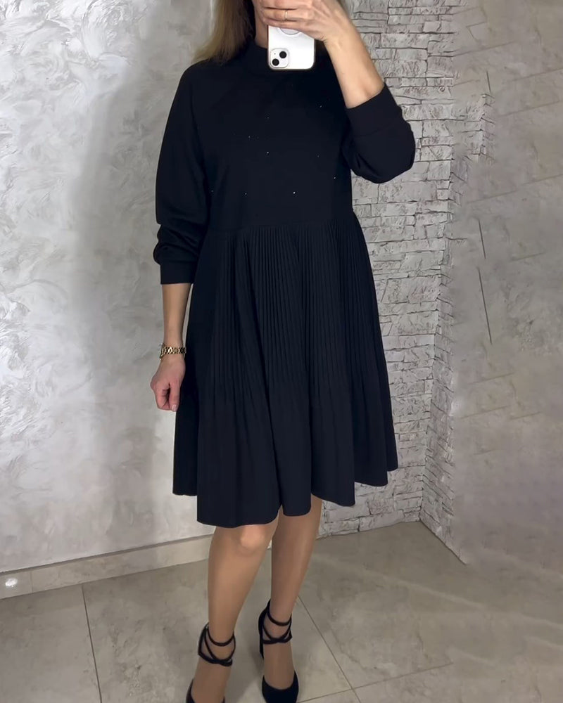 Hochkragen plissiertes einfarbiges Kleid