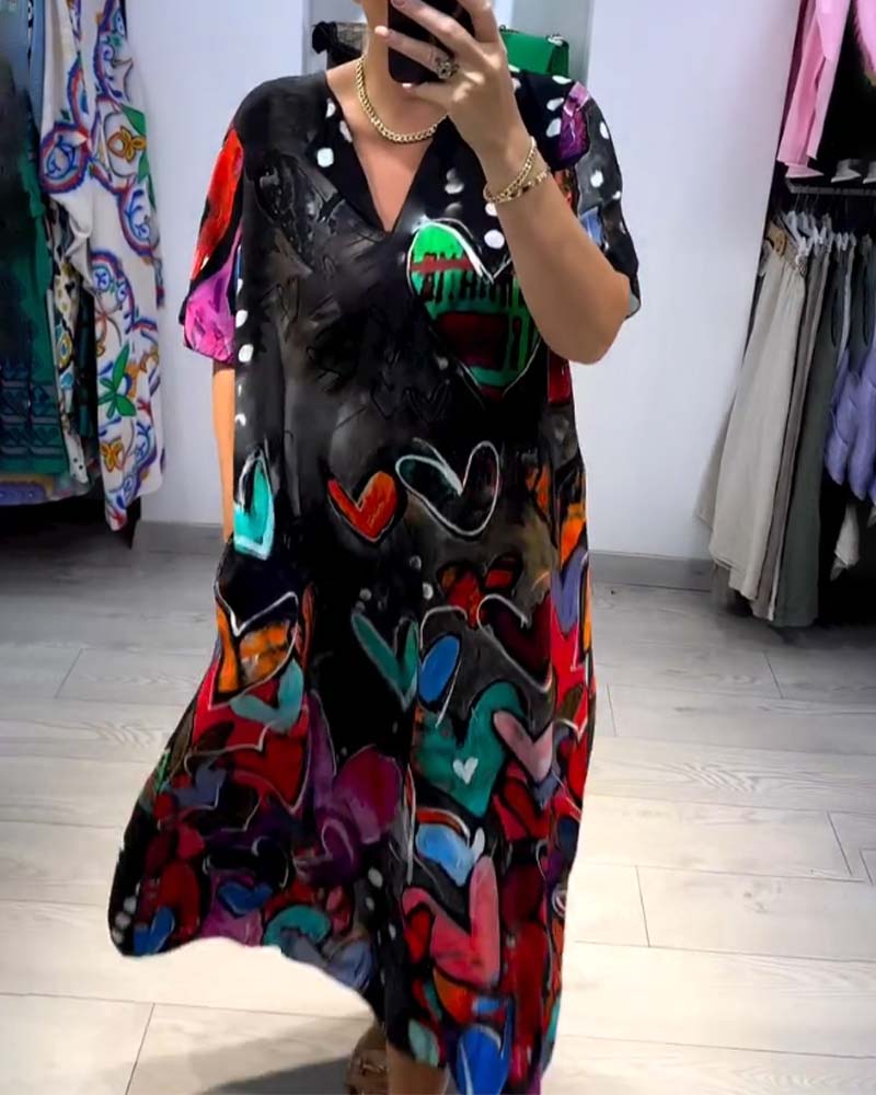 V-Ausschnitt bedrucktes Liebes Freizeitkleid