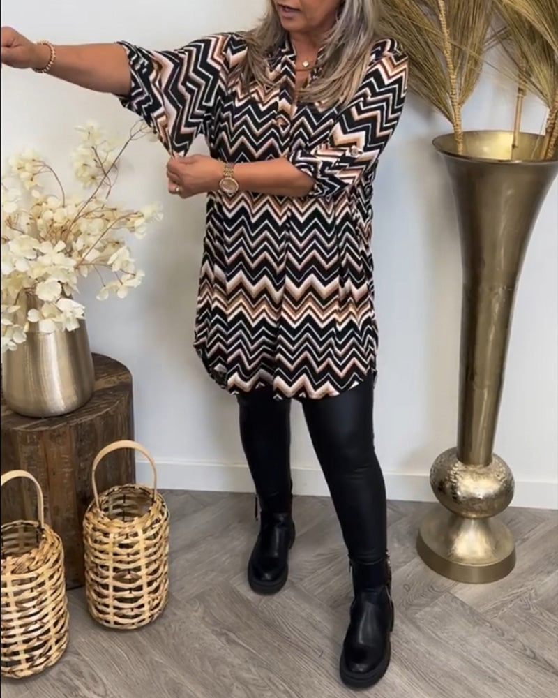 Wellenmuster V-Ausschnitt Kleid