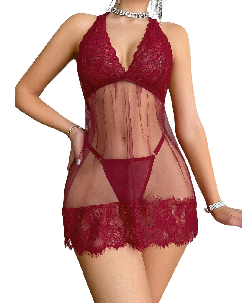 Florales Spitzen-Halter-Babydoll-Lingeriekleid mit String