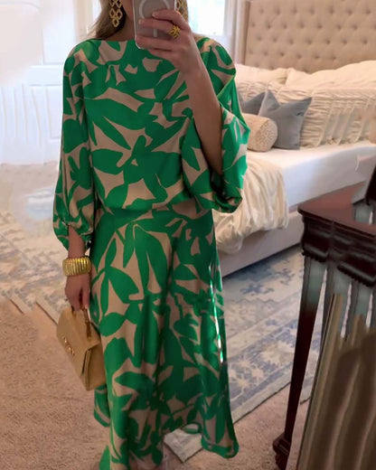 Temperament Gedruckte Laternenärmel Freizeitkleid Set