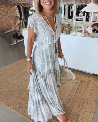 Urlaubsdruck V-Ausschnitt Kleid mit Schlitzärmeln