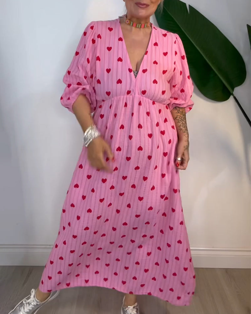 Elegantes V-Ausschnitt Herz Druck Kleid