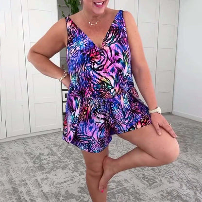 V-Ausschnitt Bunter Print Einteiler Badeanzug