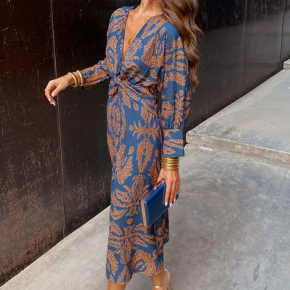 Vintage bedrucktes V-Ausschnitt langärmeliges elegantes Kleid