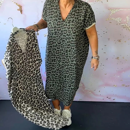 V-Ausschnitt Kurzarm Leopard Druck Kleid