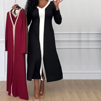 Kontrastfarbe V-Ausschnitt Schlitz elegantes Kleid