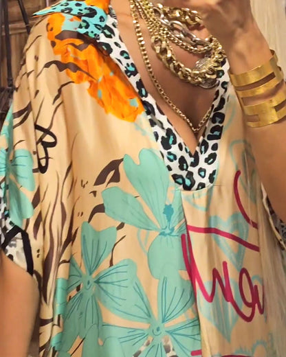 Lässiges Leoparden- und farbenfrohes Druckkleid mit tiefem V-Ausschnitt