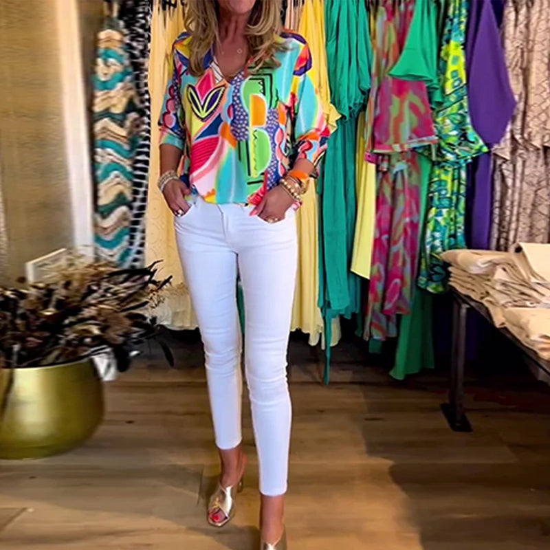 Langärmlige lockere bedruckte Bluse