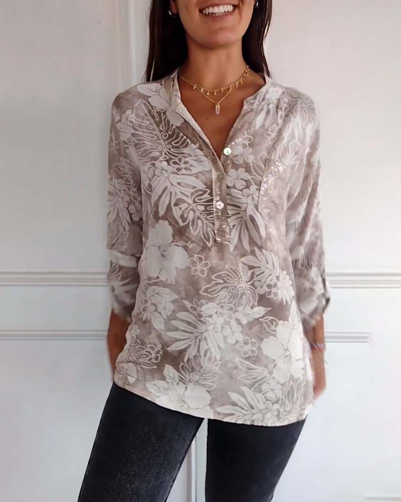 Patchwork-Pailletten-Blatt-Print-Top