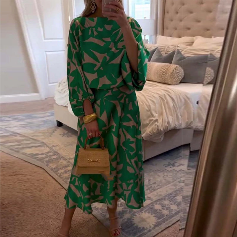 Temperament Gedruckte Laternenärmel Freizeitkleid Set