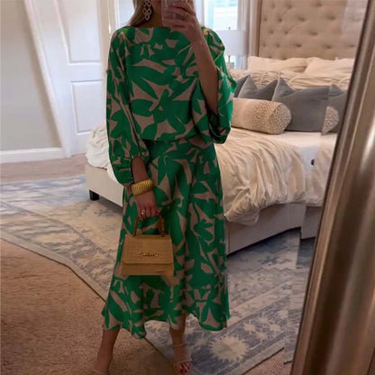 Temperament Gedruckte Laternenärmel Freizeitkleid Set