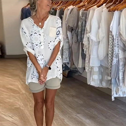 Vielseitige V-Ausschnitt Bedruckte Bluse mit Halben Ärmeln