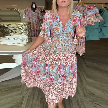 V-Ausschnitt Lotus Ärmel Blumen Kleid