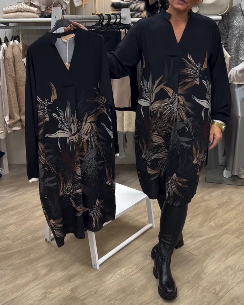 V-Ausschnitt Kleid mit Blattdruck und langen Ärmeln