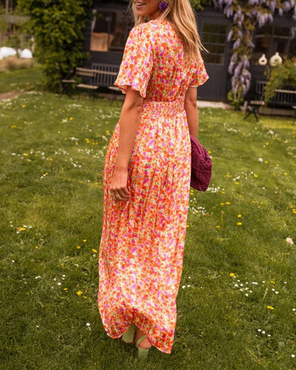 V-Ausschnitt Taillenblumen Kleid