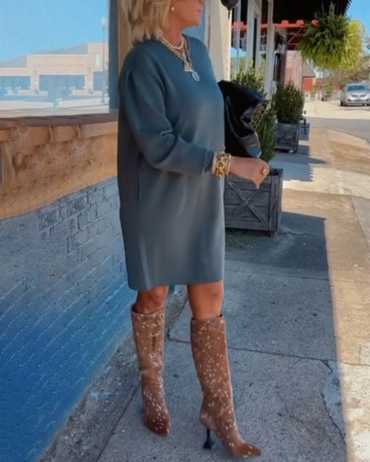 Rundhals einfarbig elegantes Kleid