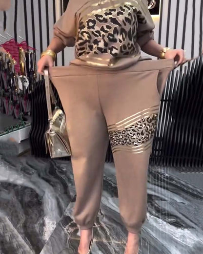 Leopard-Print Freizeit-Sweatshirt-Set